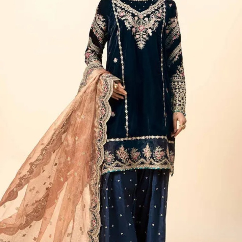 Embellished Navy Blue Tiered Dress with Bishop Sleeves